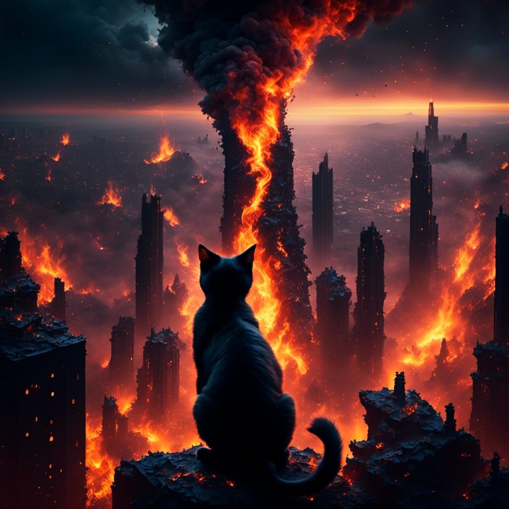 Black Cat Watches Burning City in Digital Painting