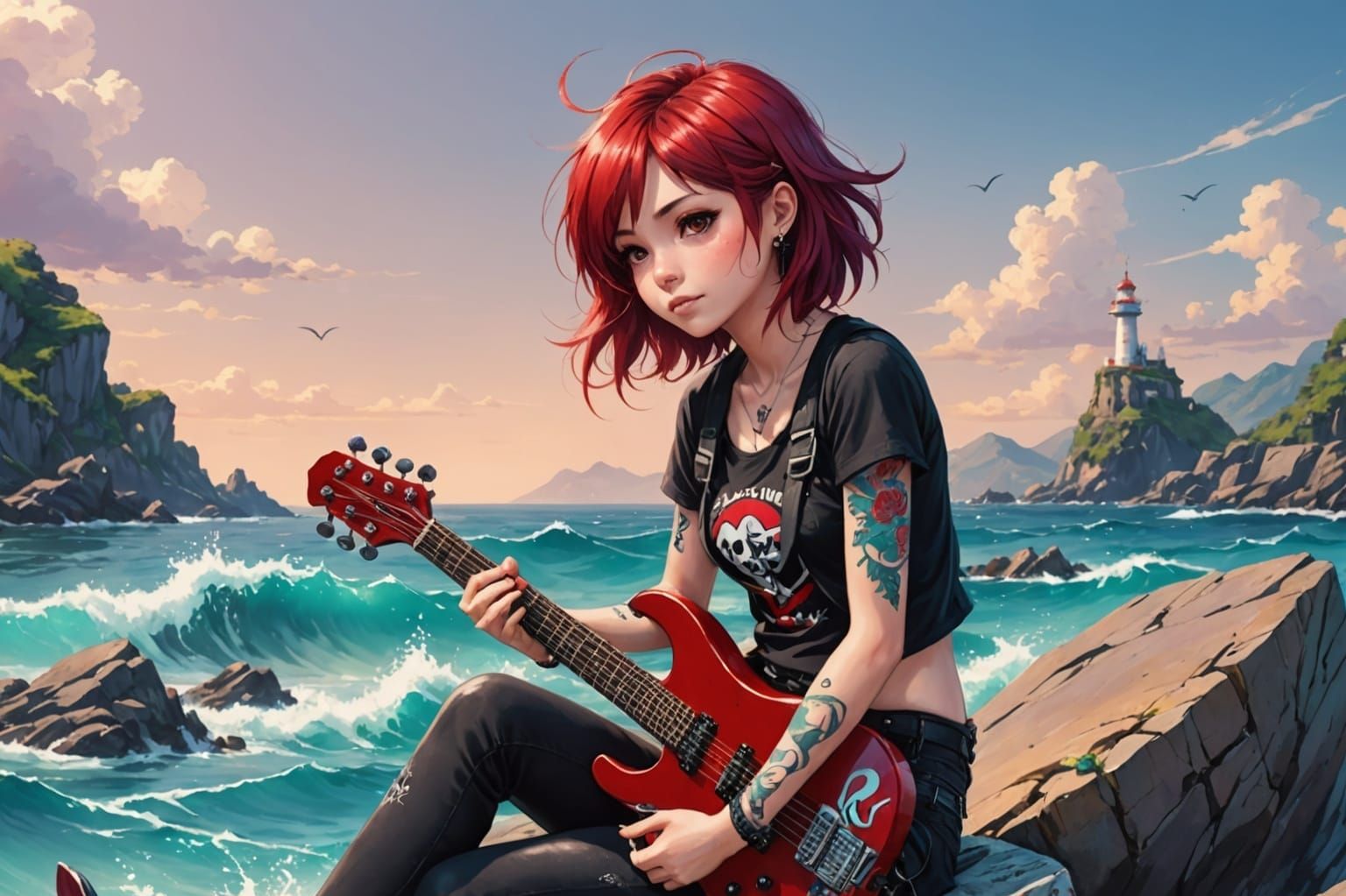 Cute Emo Girl Rocks Electric Guitar by the Sea