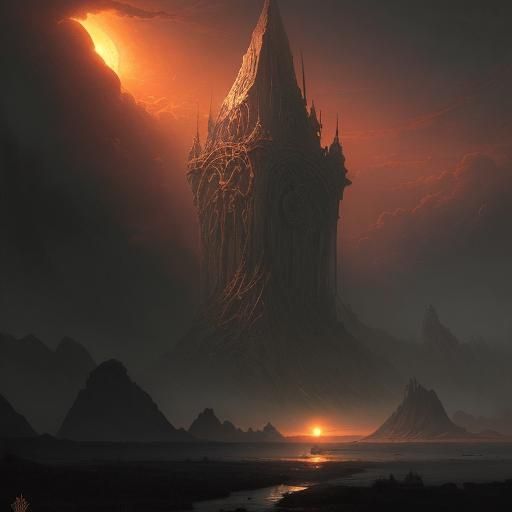 Fantasy Sunset Landscape in Dark Fantasy Style