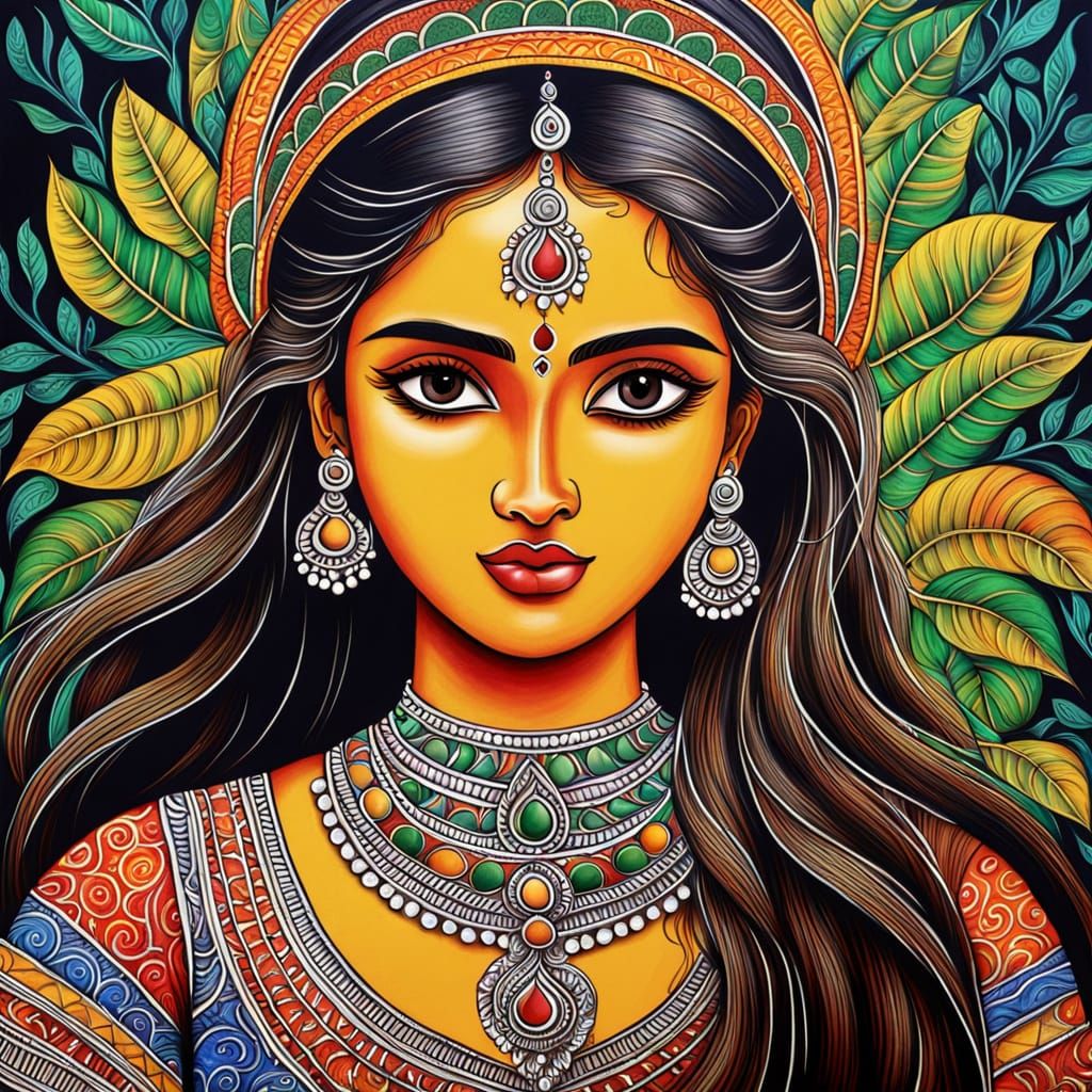 Vibrant Madhubani Painting of a Multicultural Goddess