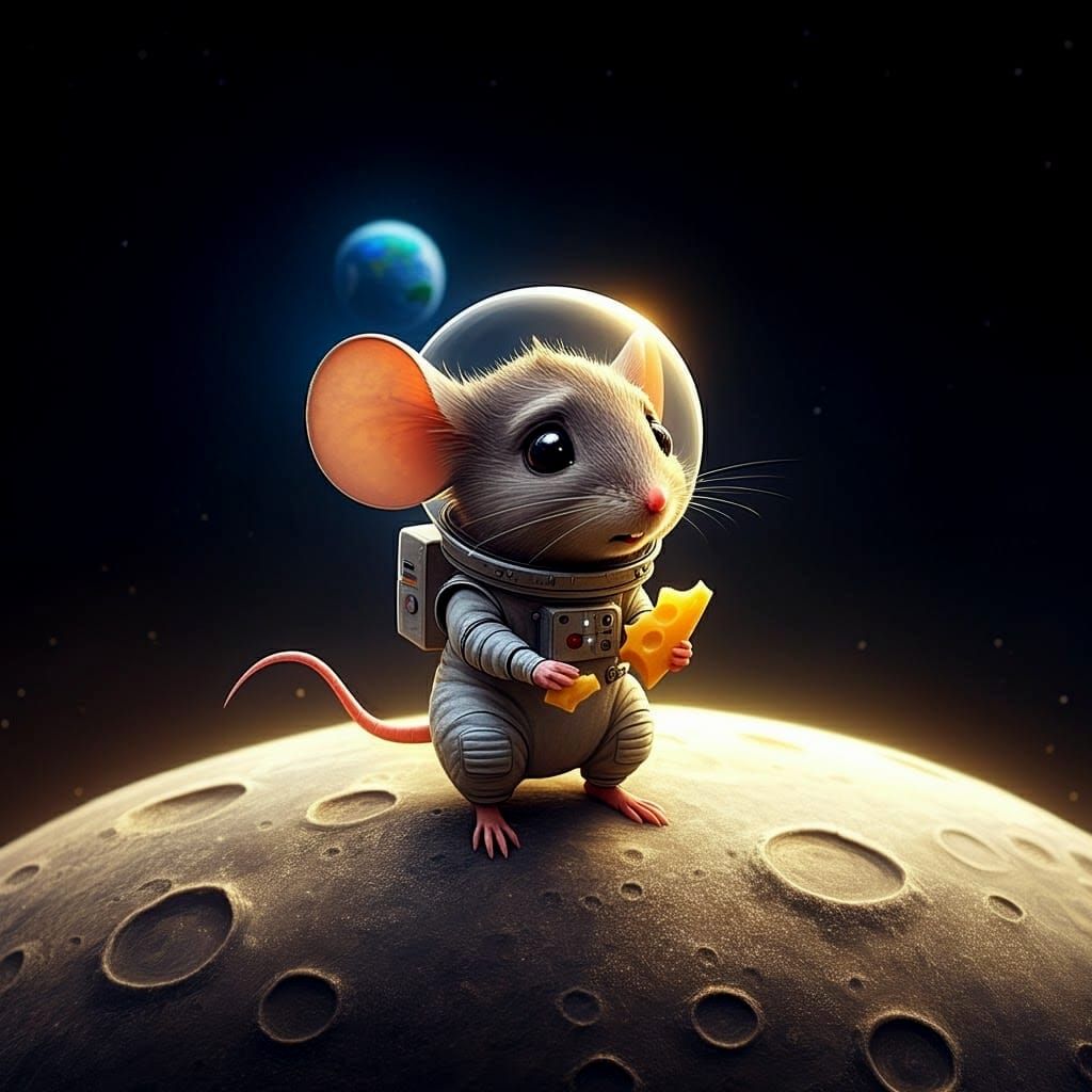 Lonely Mouse on Cheese Moon in 3D Digital Art