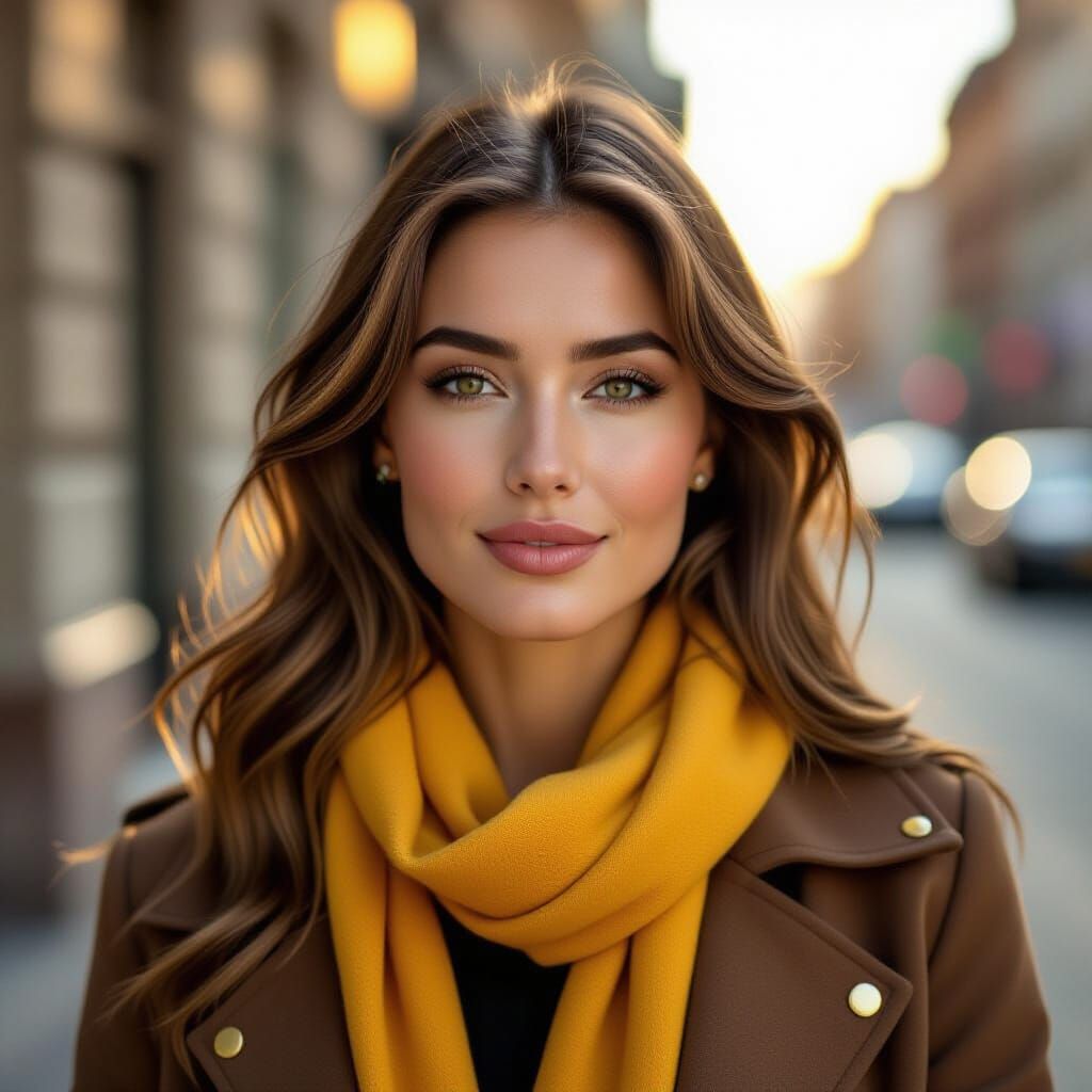 Elegant Redhead Woman in Brown Jacket with Yellow Scarf