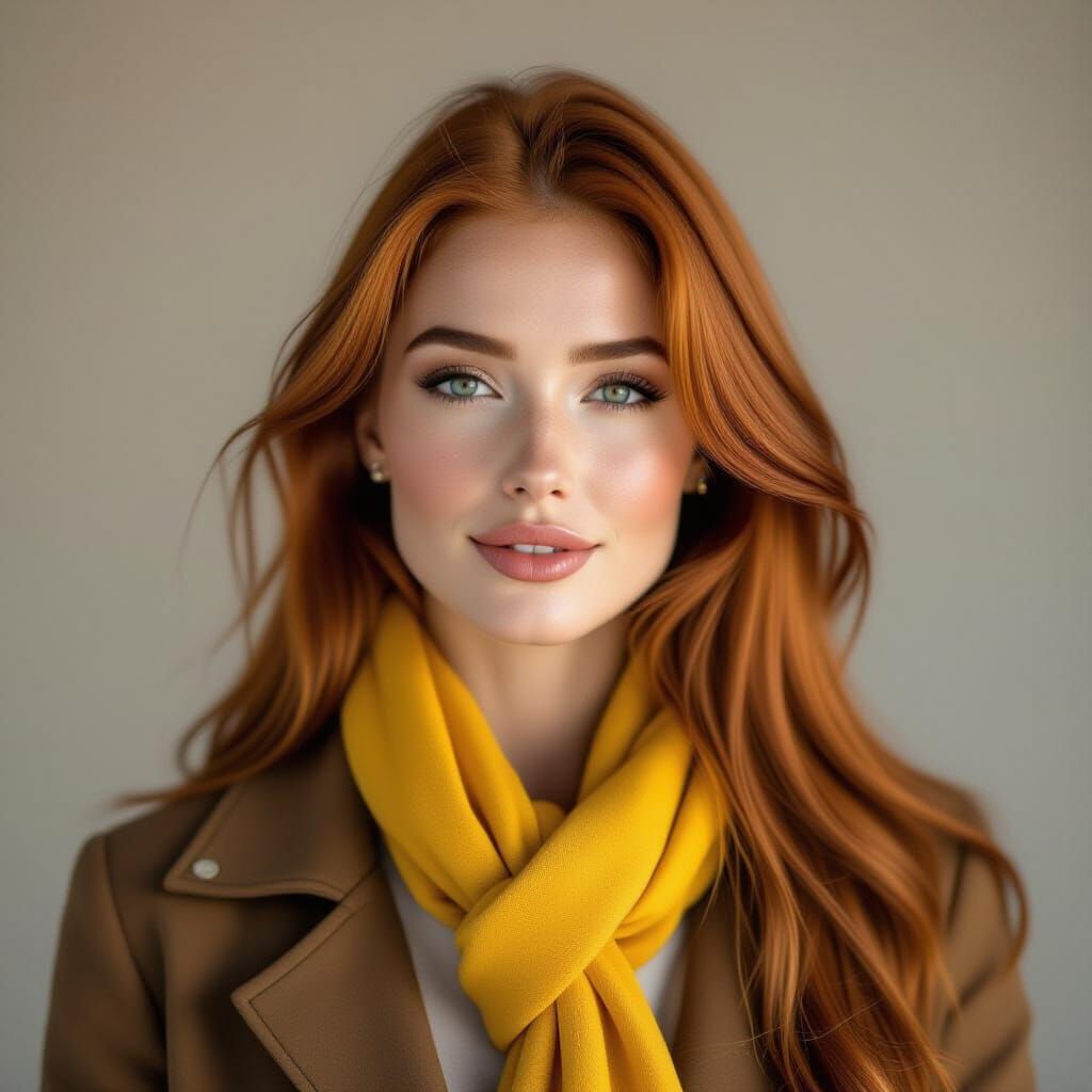 Elegant Red-Haired Woman in Brown Jacket & Yellow Scarf