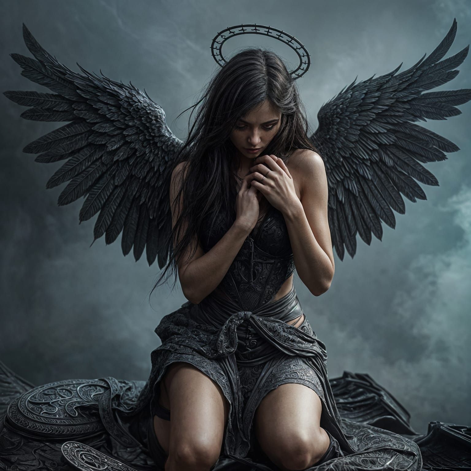 Sorrowful Dark Angel Reveals Broken Wings in Dystopian City