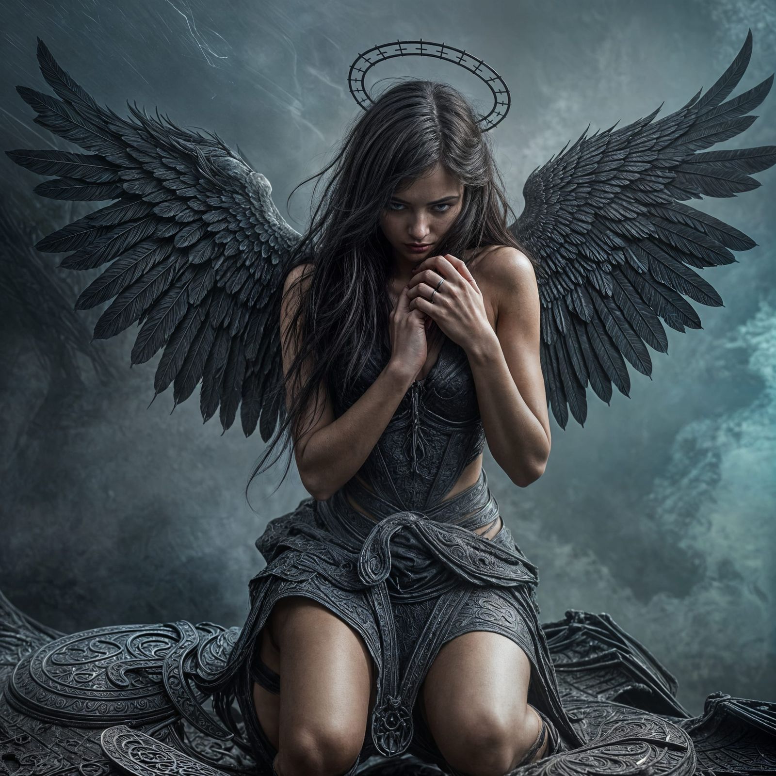 Sad Dark Angel Kneeling in Dystopian Landscape