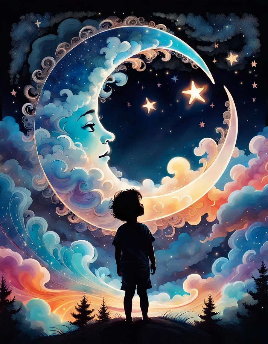 Magical Starry Night Sky with Child Silhouette