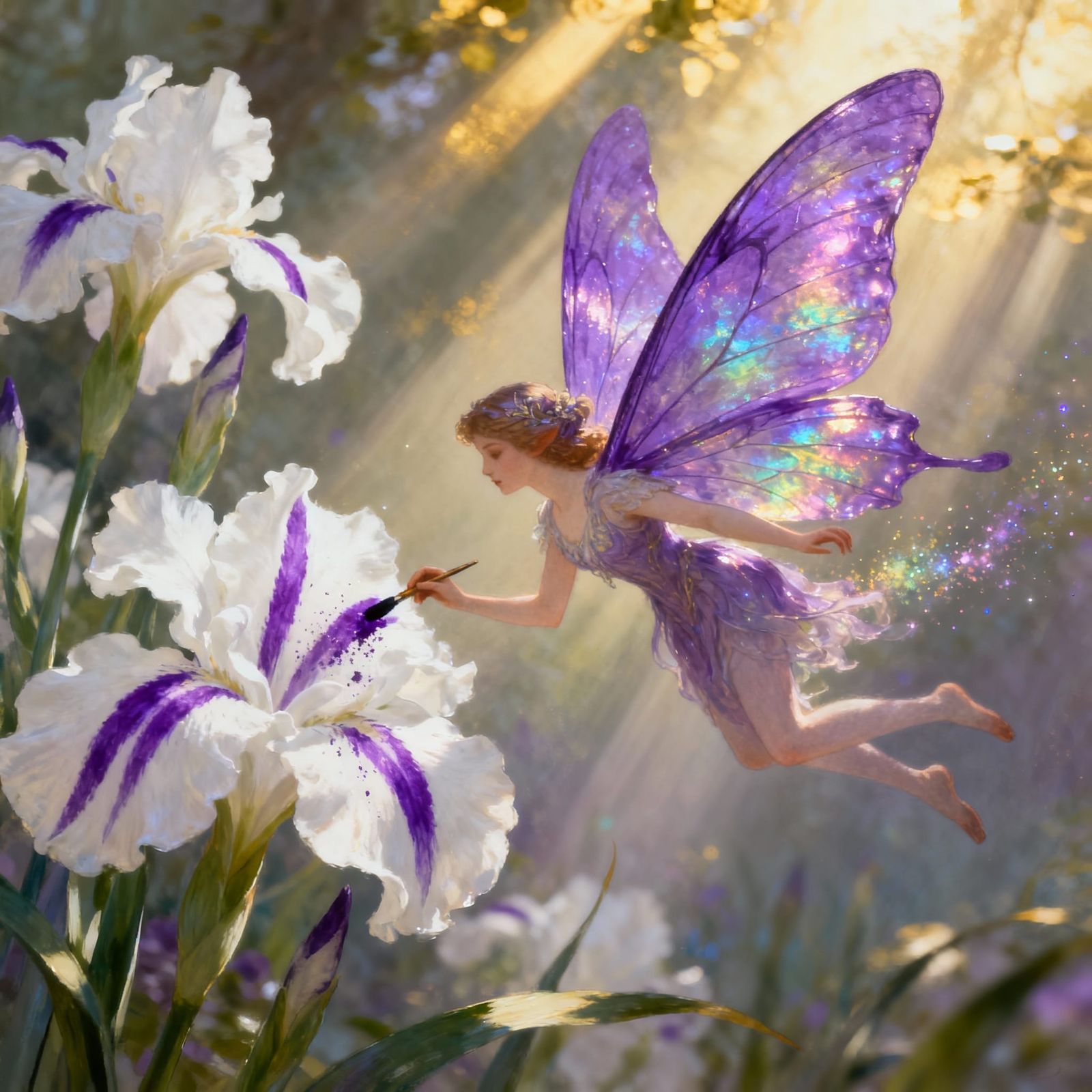 Fairy with iredesent purple wings painting purple stripes on white flowers