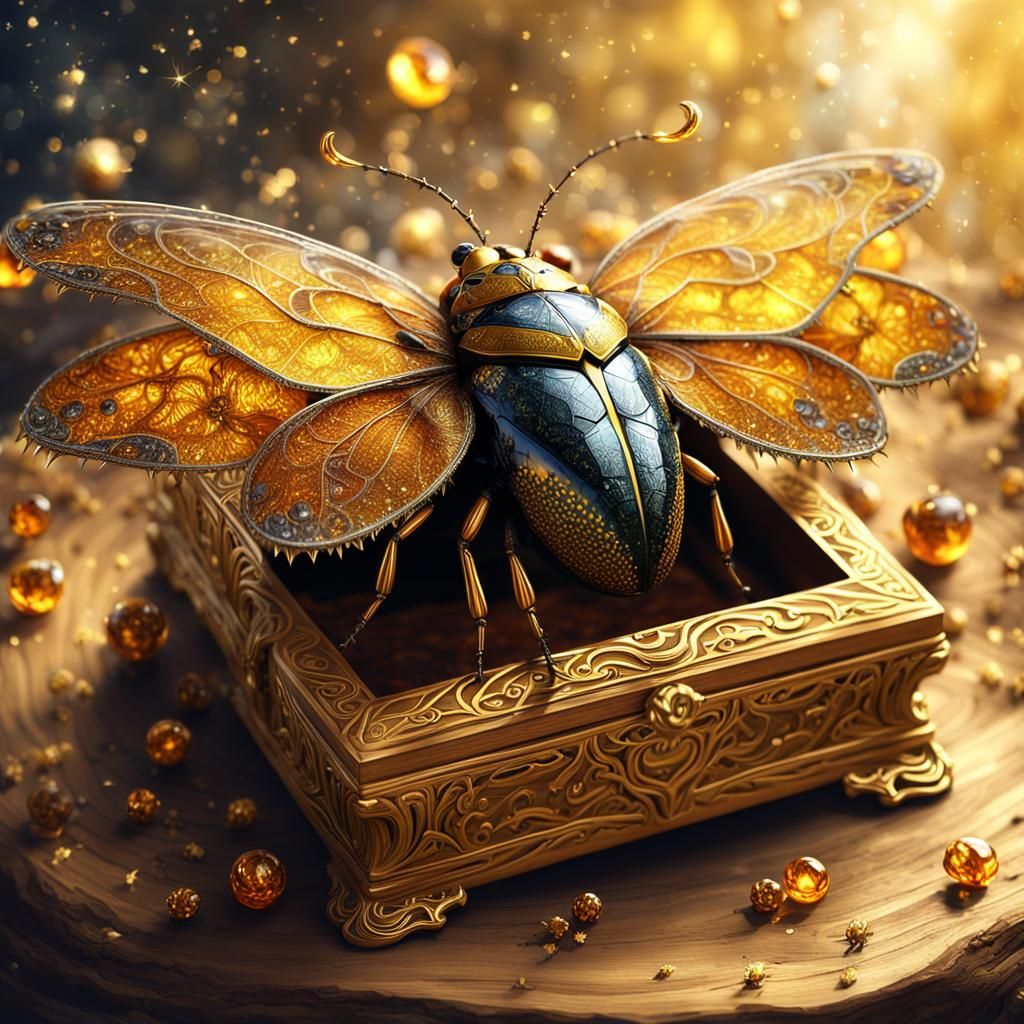Magic Bug with Golden Wings in Amber Light