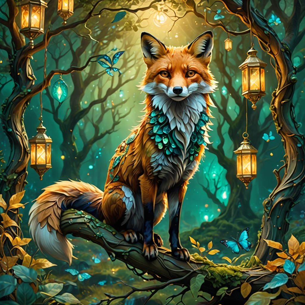 Feathered Fox in Enchanted Forest: Digital Matte Painting