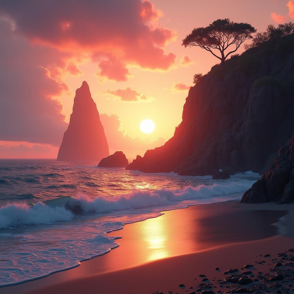 Sunset Wave on Secluded Cliff Beach