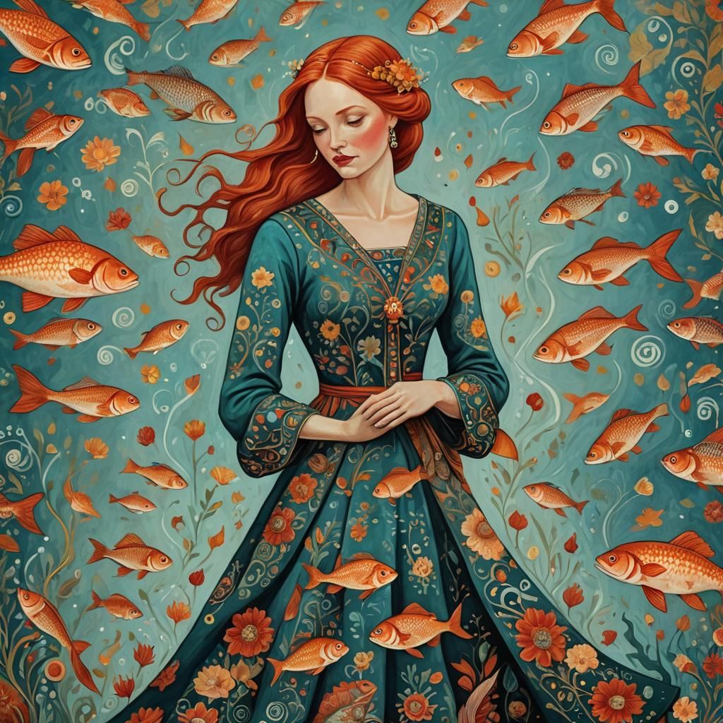 Pisces Zodiac Woman in Folk Art Style