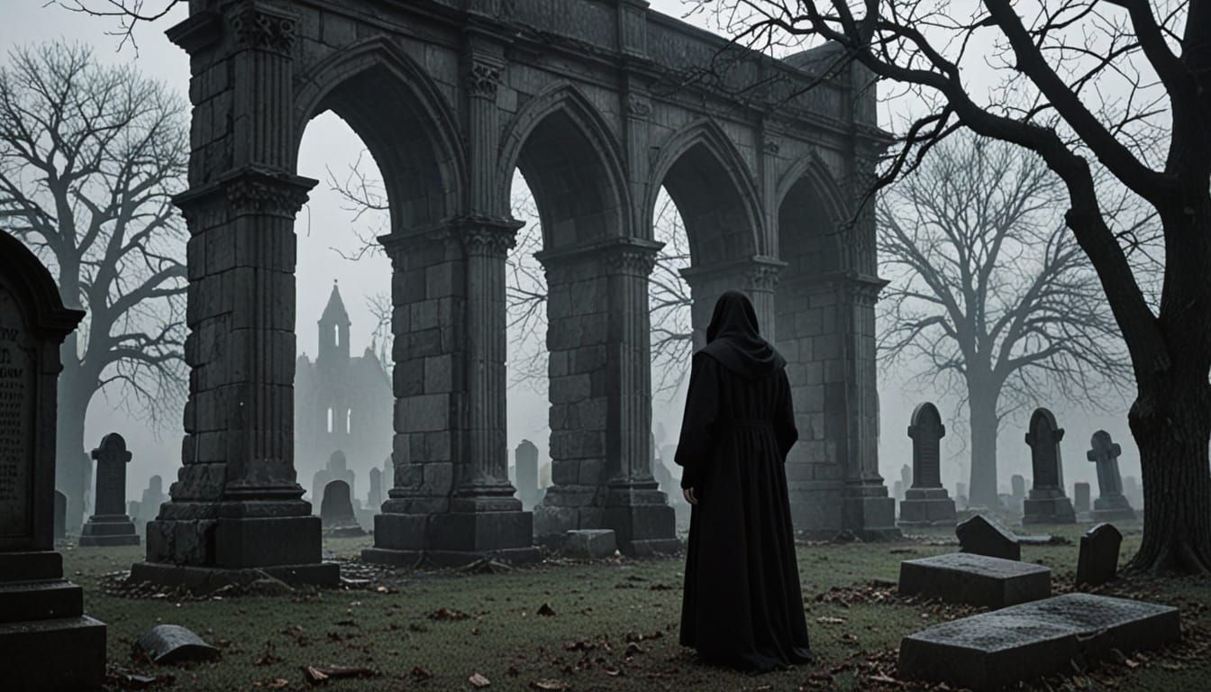 Gothic Horror Figure in Dimly Lit Graveyard