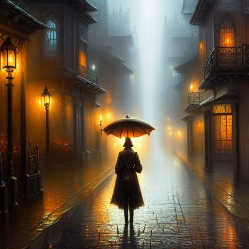Medieval Alley: Lonely Figure in Rainy, Dimly Lit Scene