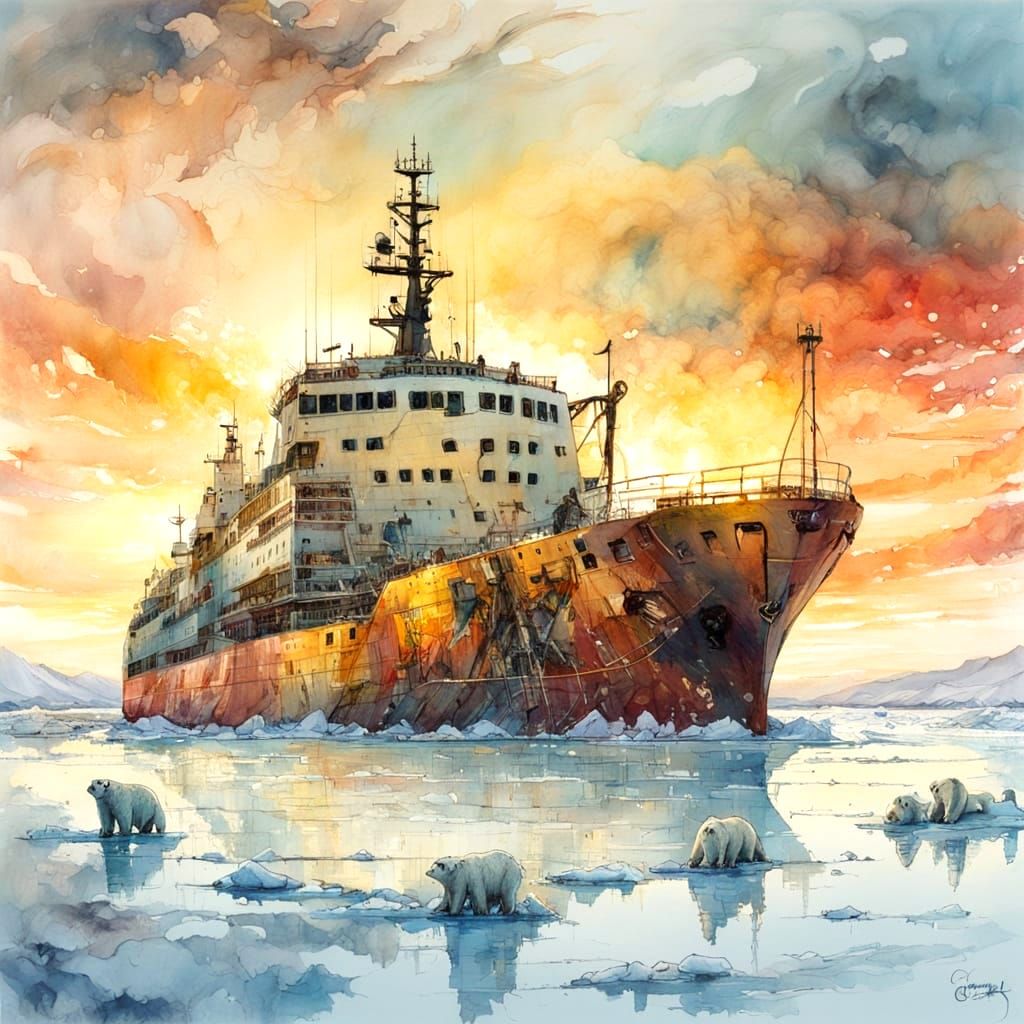 Arctic Icebreaker at Dawn in Watercolour Style
