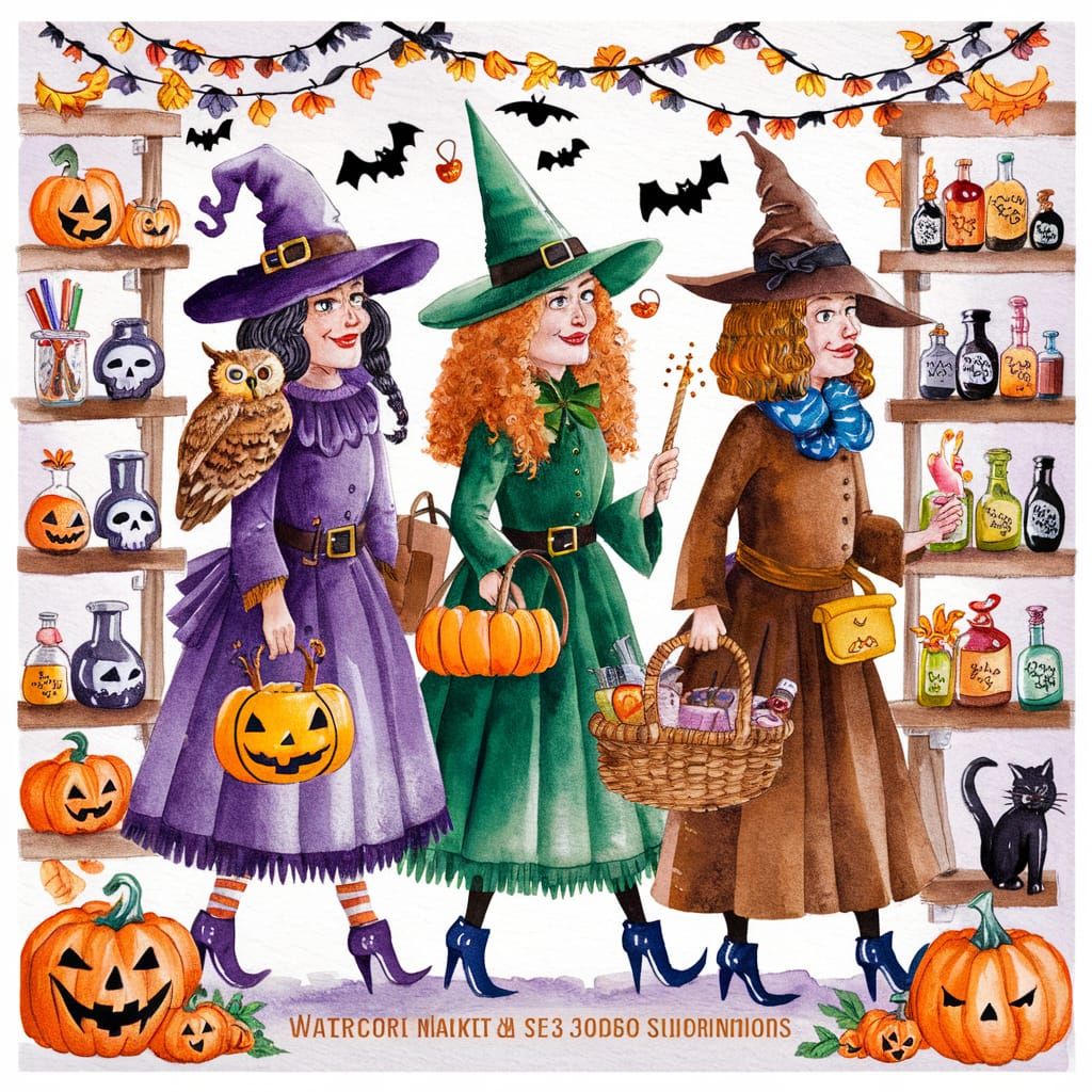 Witches Shopping for Halloween Gifts in Watercolor Style