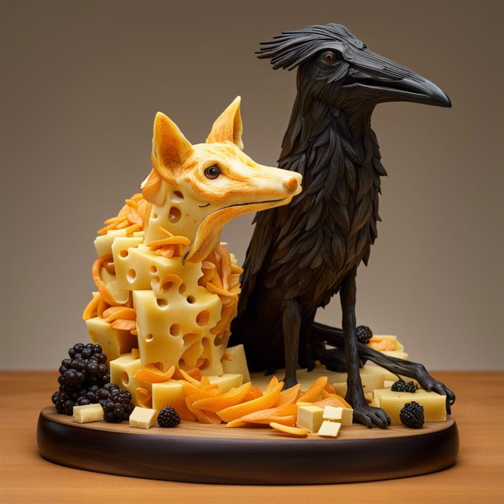 Cheese Sculpture of Crow and Fox Figurine