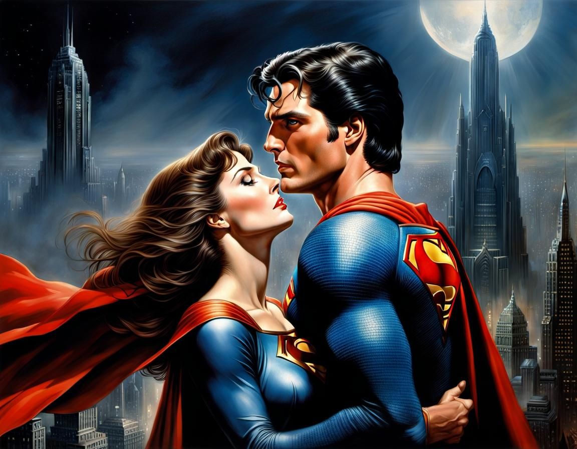 Superman and Superwoman Embrace, Detailed Fantasy Art