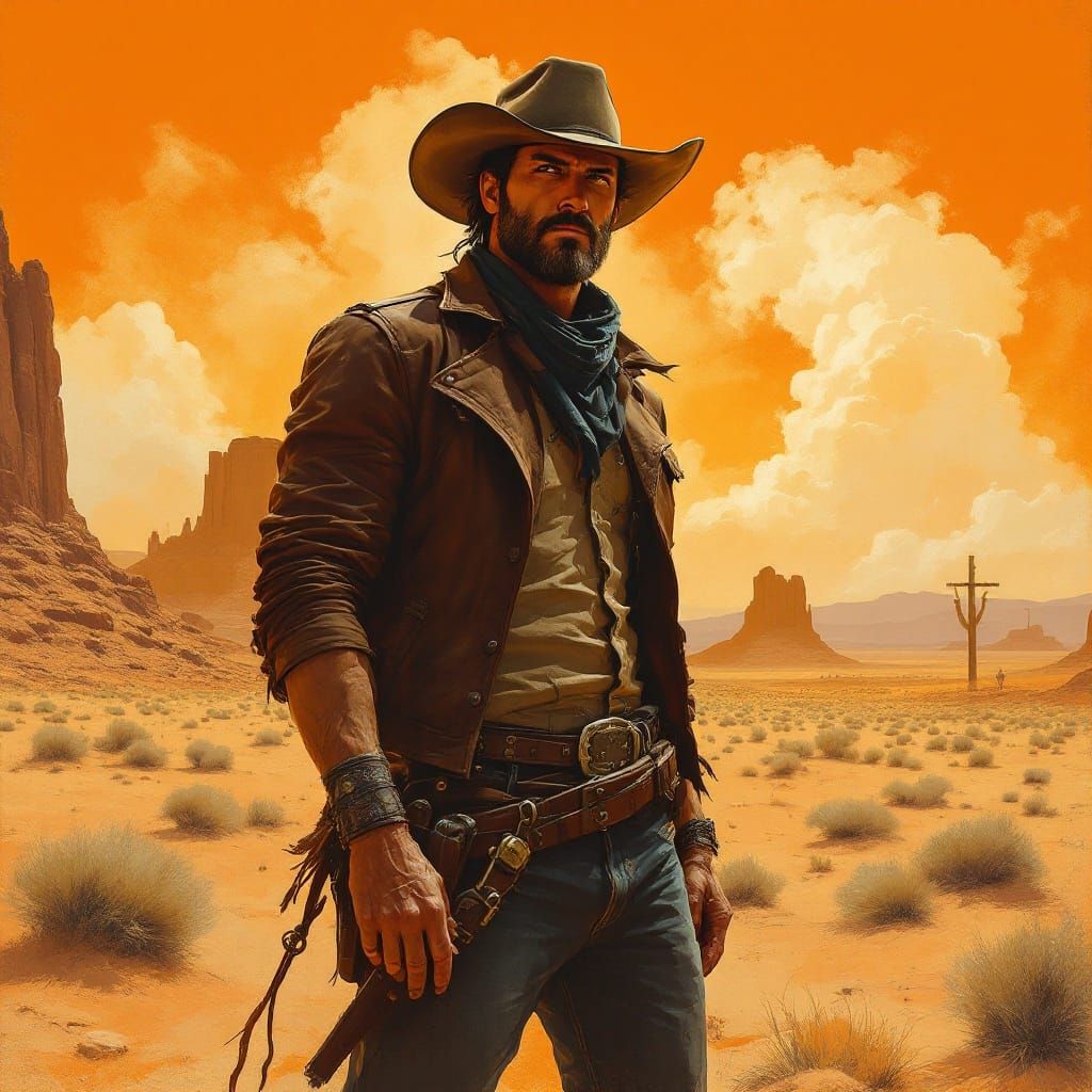 Lone Cowboy in Desert Landscape