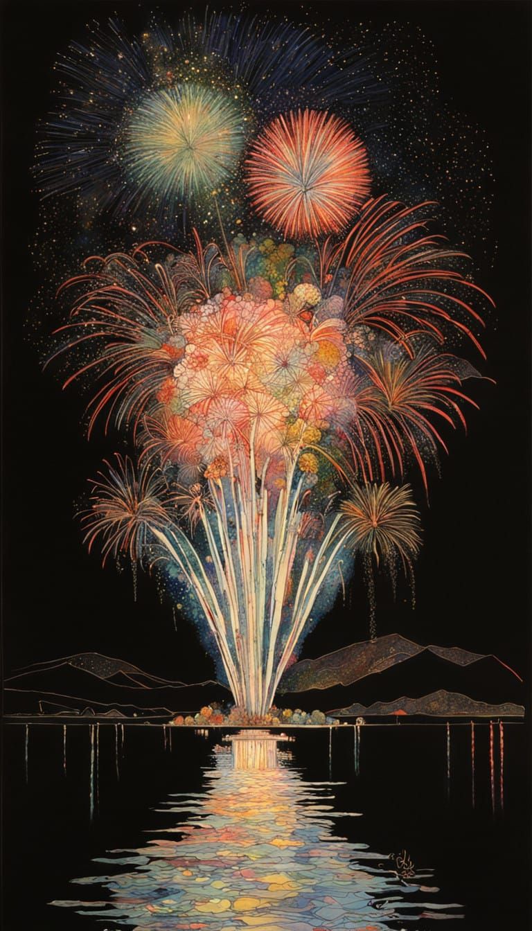 New Year's Eve Fireworks in Vibrant Watercolor