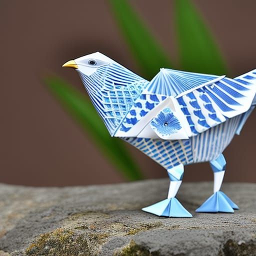 Blue and Silver Porcelain Origami Chicken in 3D