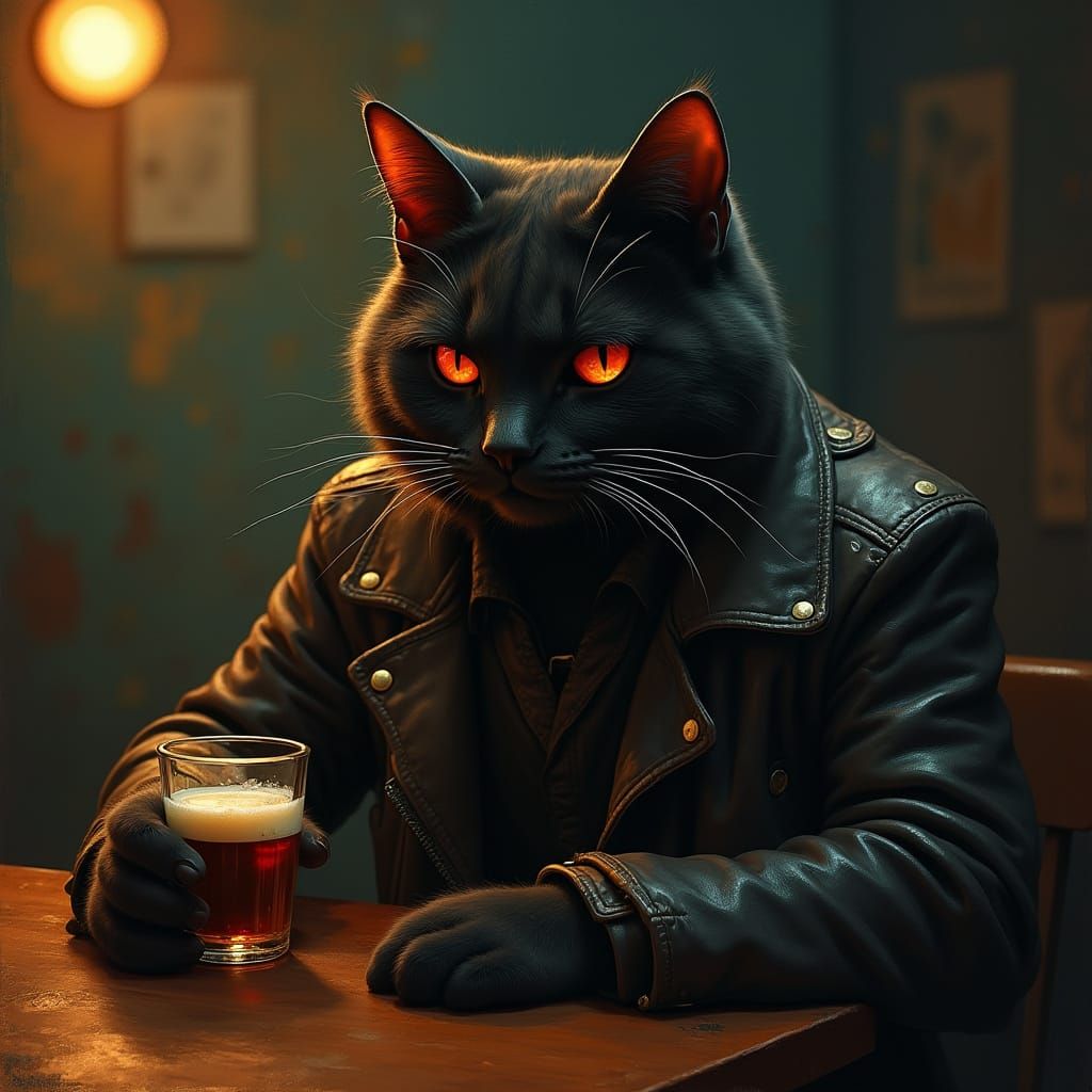 Melancholic Cat Crying in Bar, Expressive Art Style