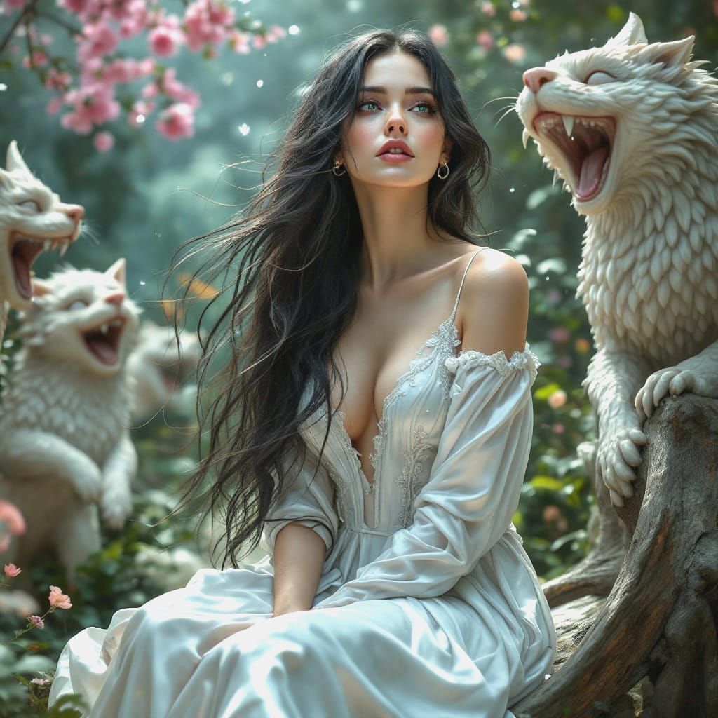 Gothic Lady Amidst Fantasy Statues in a Dreamy Garden