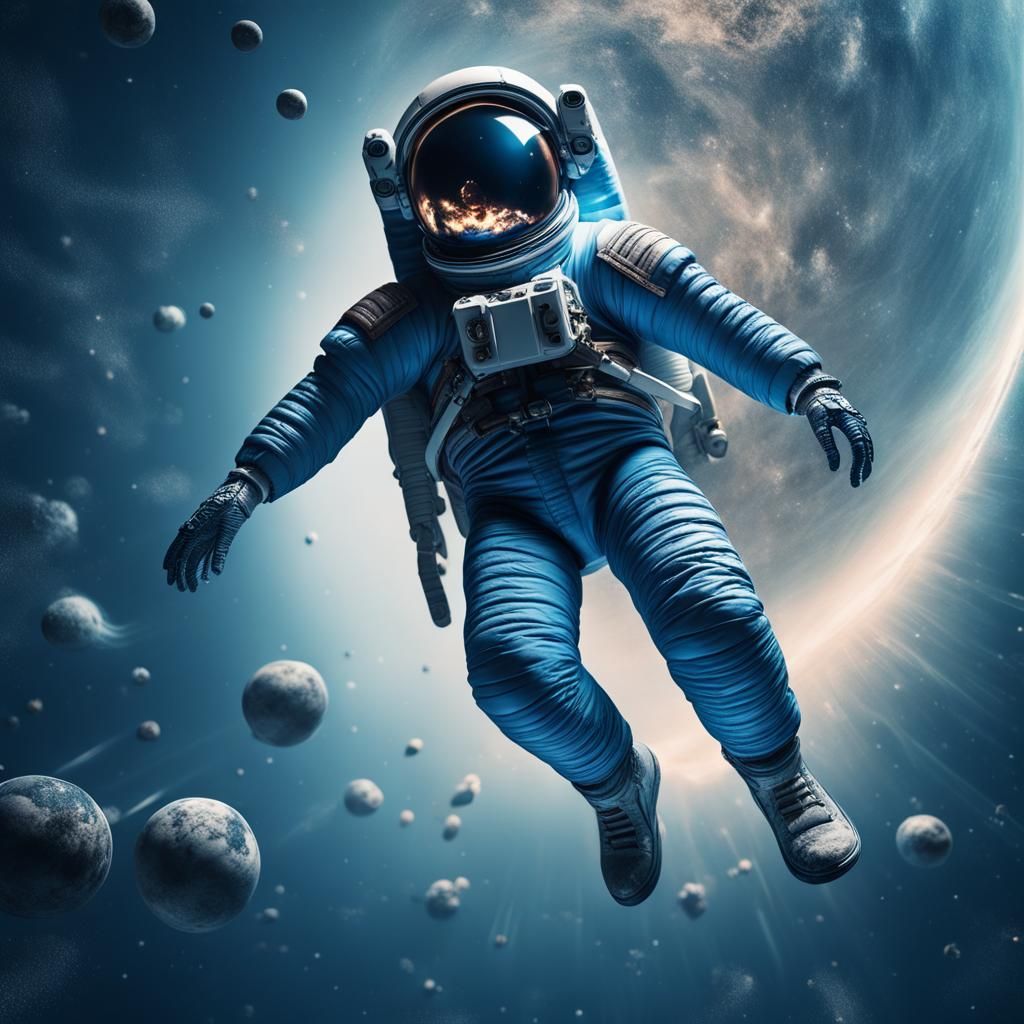 Blue Boy Floating in Space, Hyperrealistic Render