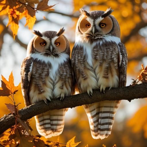 Fluffy Owls in Autumnal Photorealistic Scene