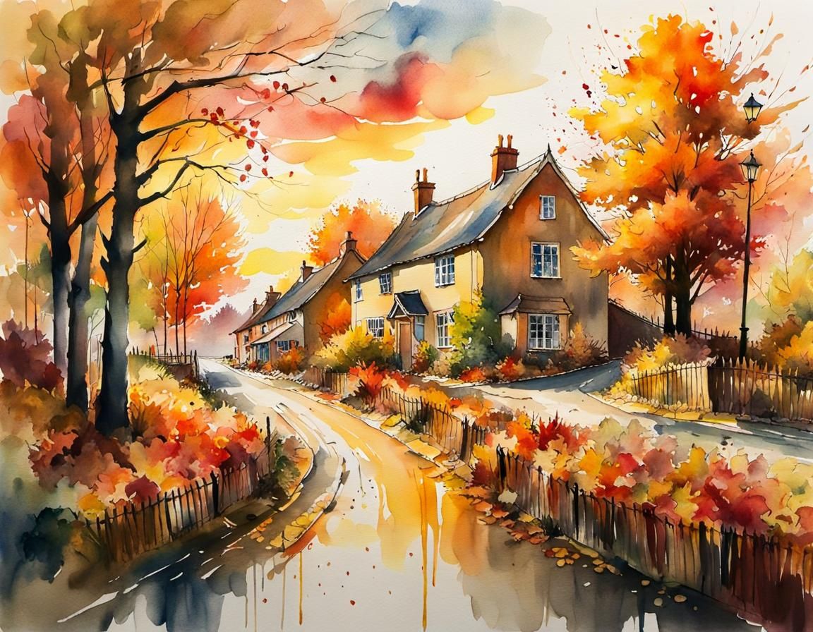 English Village in Autumn Watercolor Painting