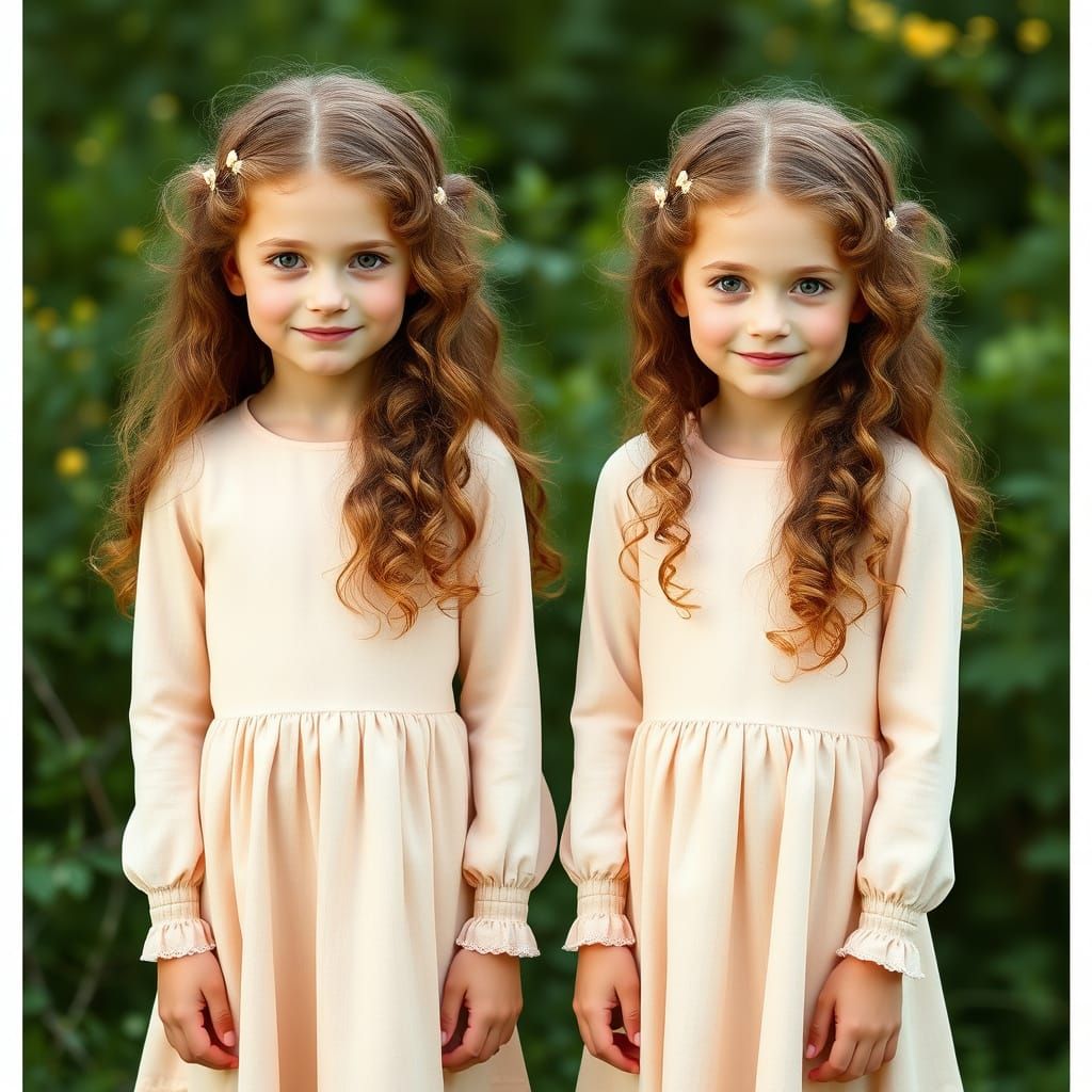 Elegant Twins Smiling in Green Nature