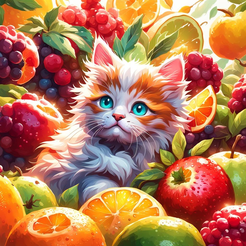 Fruit Kitten Portrait in Hyperdetailed Art Style