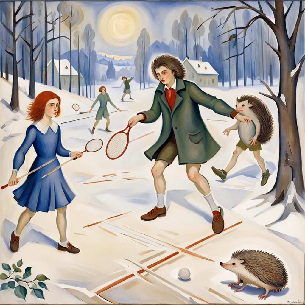 Hedgehog and Vampire Play Winter Badminton, Classical Style