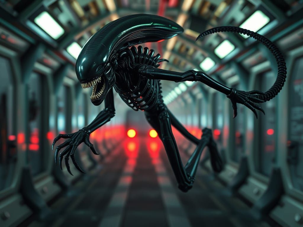 Biopunk Xenomorph Charges Through Derelict Spaceship Corrido...