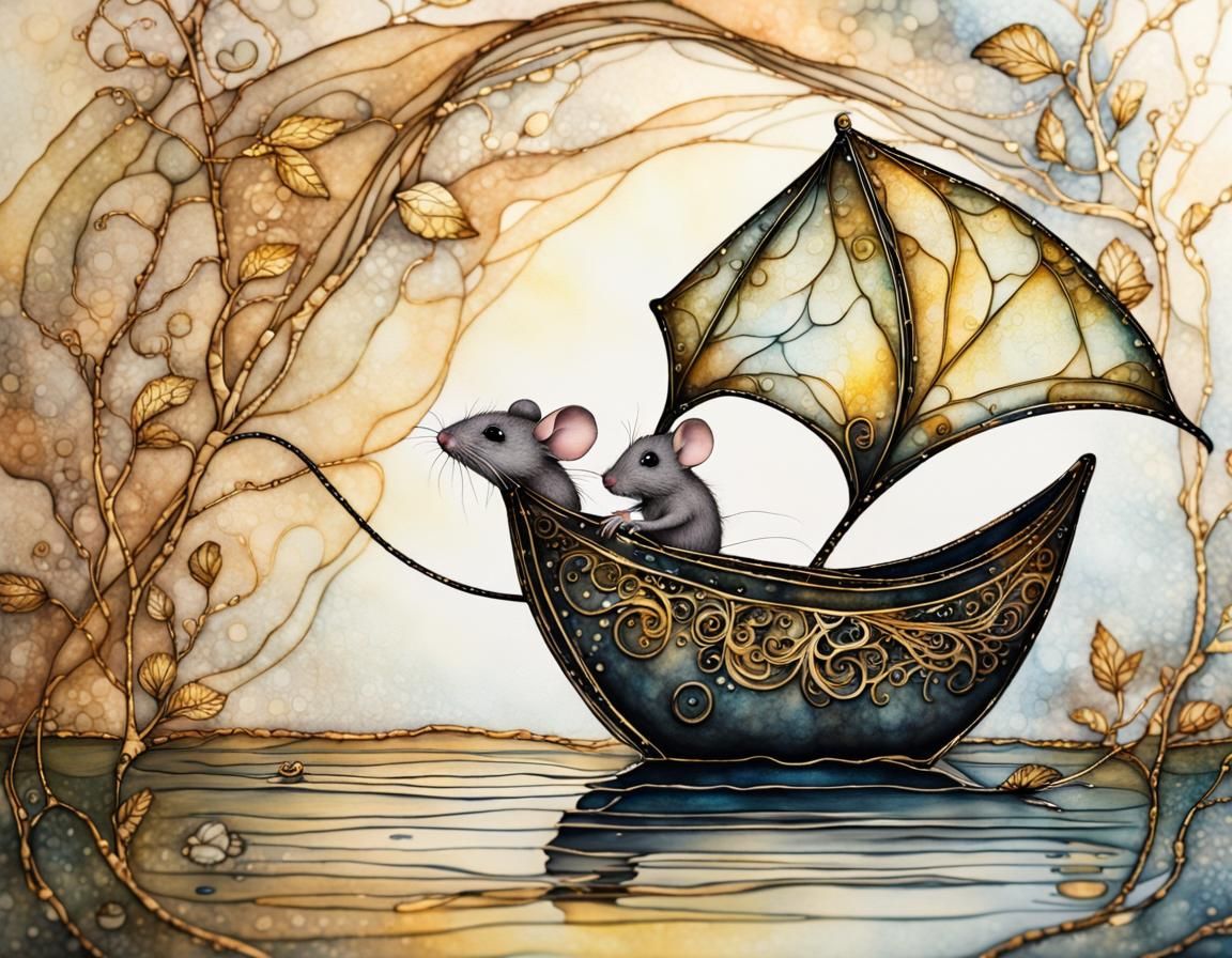 Filigree Mouse on Leaf Boat in Vivid Watercolour