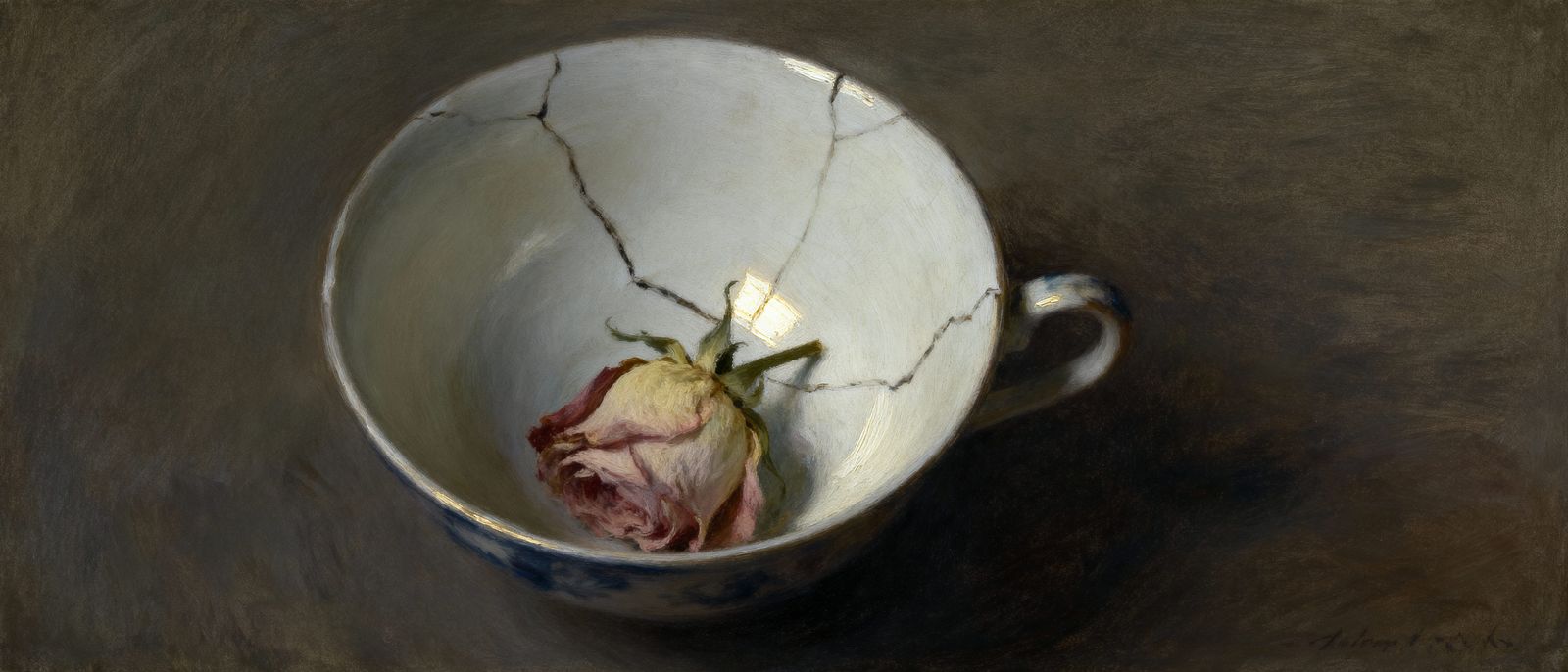 Wilting Rose in Cracked Teacup Symbolizing Lost Love