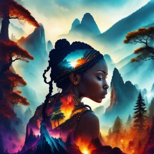 African Woman Portrait with Forest, Watercolor Style