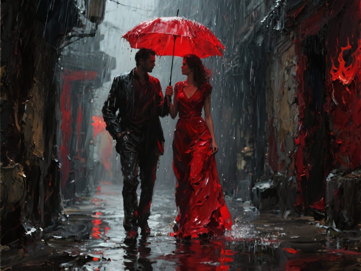 fire red rain film noir alley ridiculously thick impasto ric...