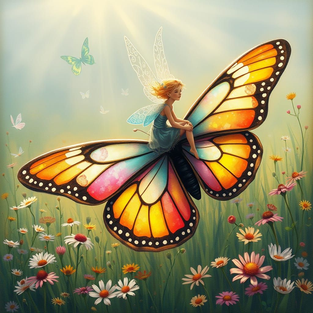 Fairy on Butterfly in Sun-Drenched Meadow