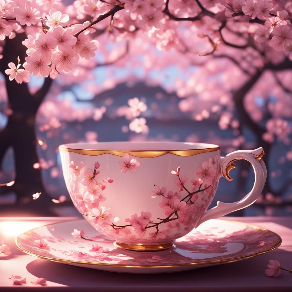 Teacup on Cherry Blossom Table, Anime Art Deco