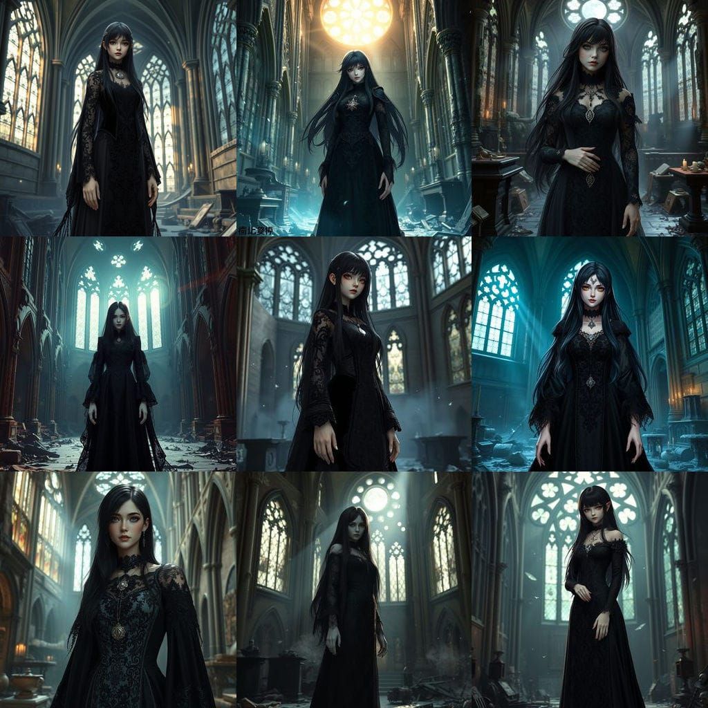 Gothic Priestess in Ruined Cathedral: Detailed Concept Art