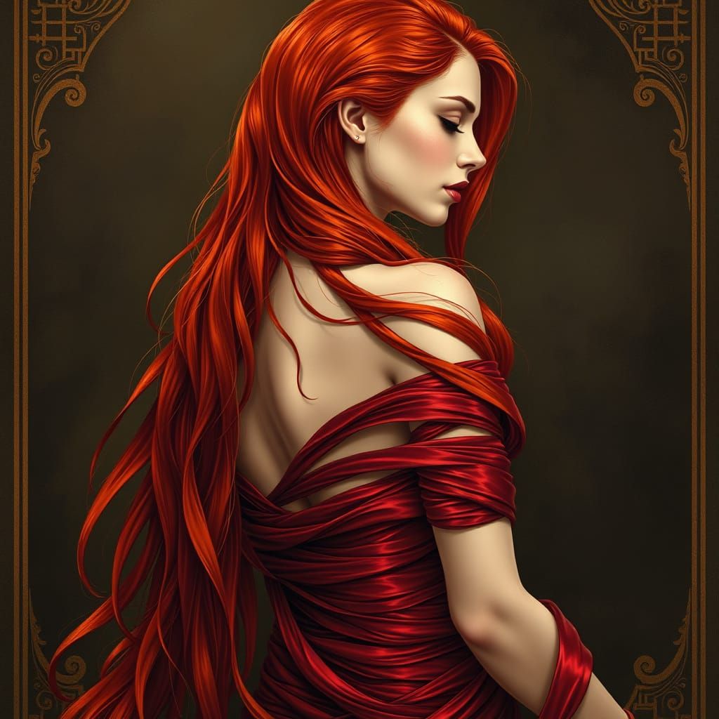 Baroque-Era Woman in Crimson Silk Ribbons