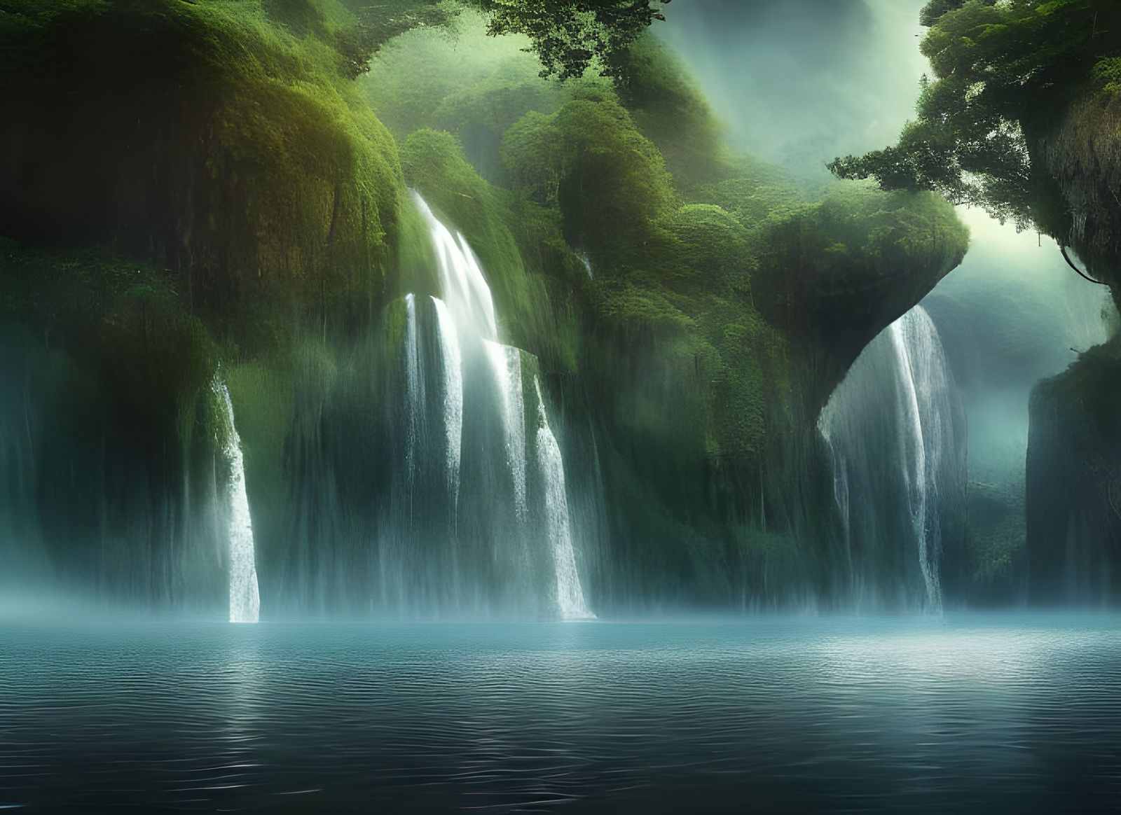 Epic Lake and Waterfalls in Digital Painting Style