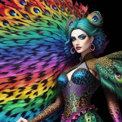 Rainbow Dragon Woman with Peacock Hair in Abstract Art