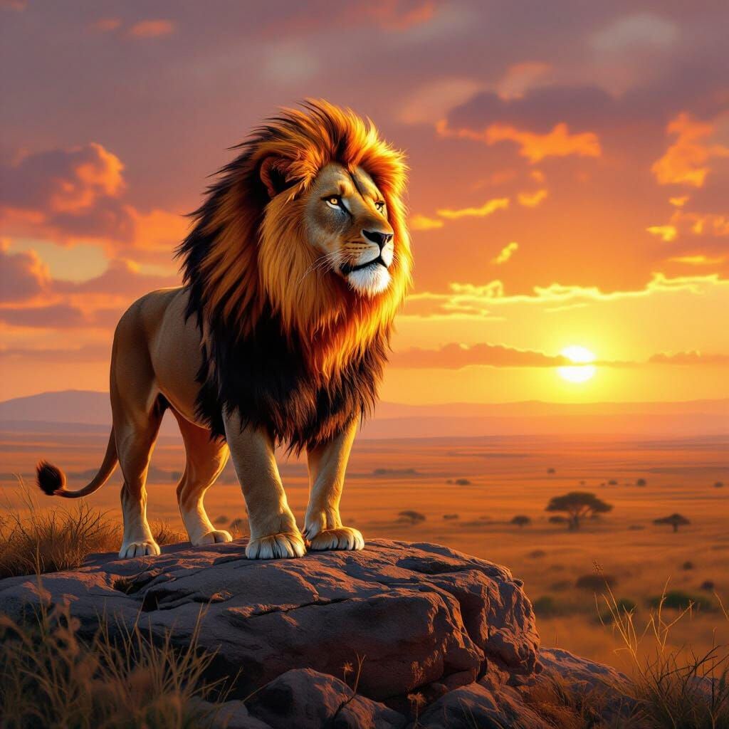 Majestic Lion with Fiery Mane Overlooking Savanna