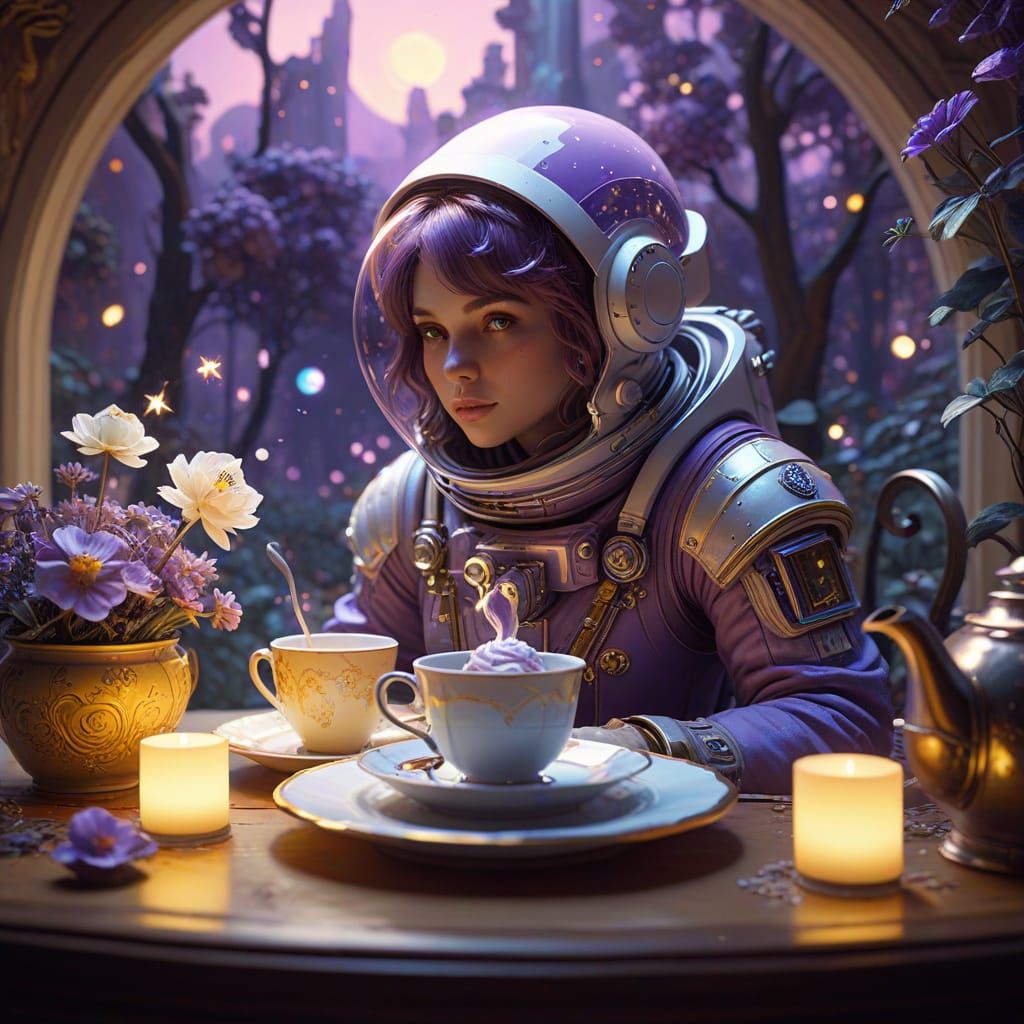 Ethereal Alice in Wonderland Tea Party Scene in Pastel Hues