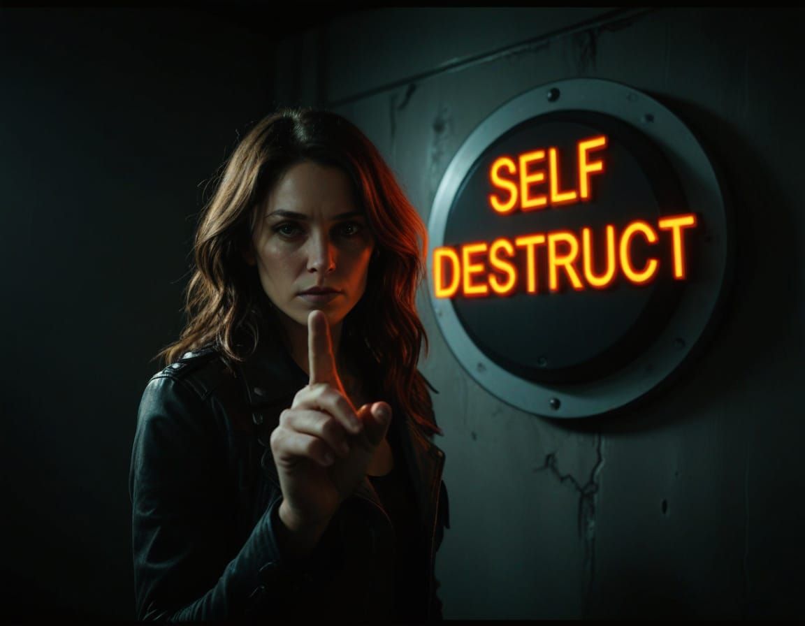 Cyberpunk Warrior Stands Before Self-Destruct Button