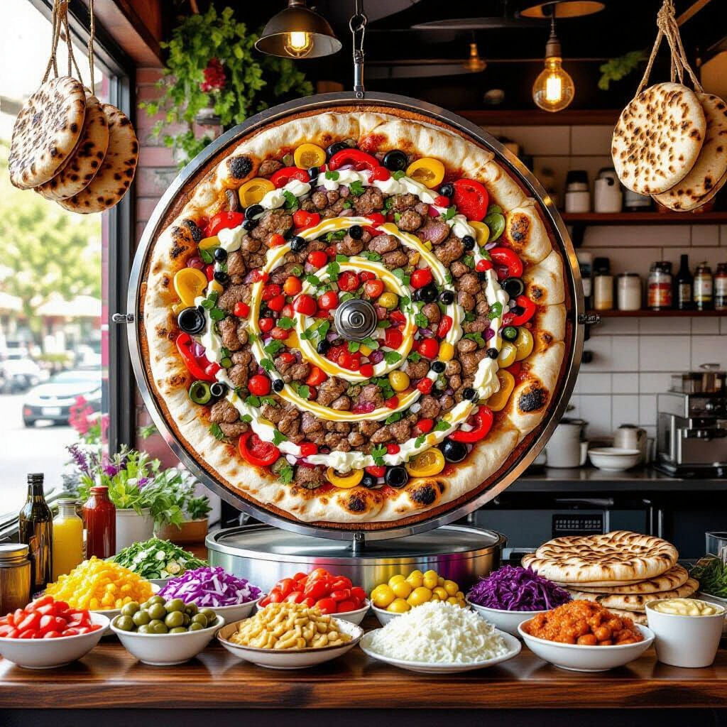 Shawarma Meat Wheel and Salad Bar, Digital Art