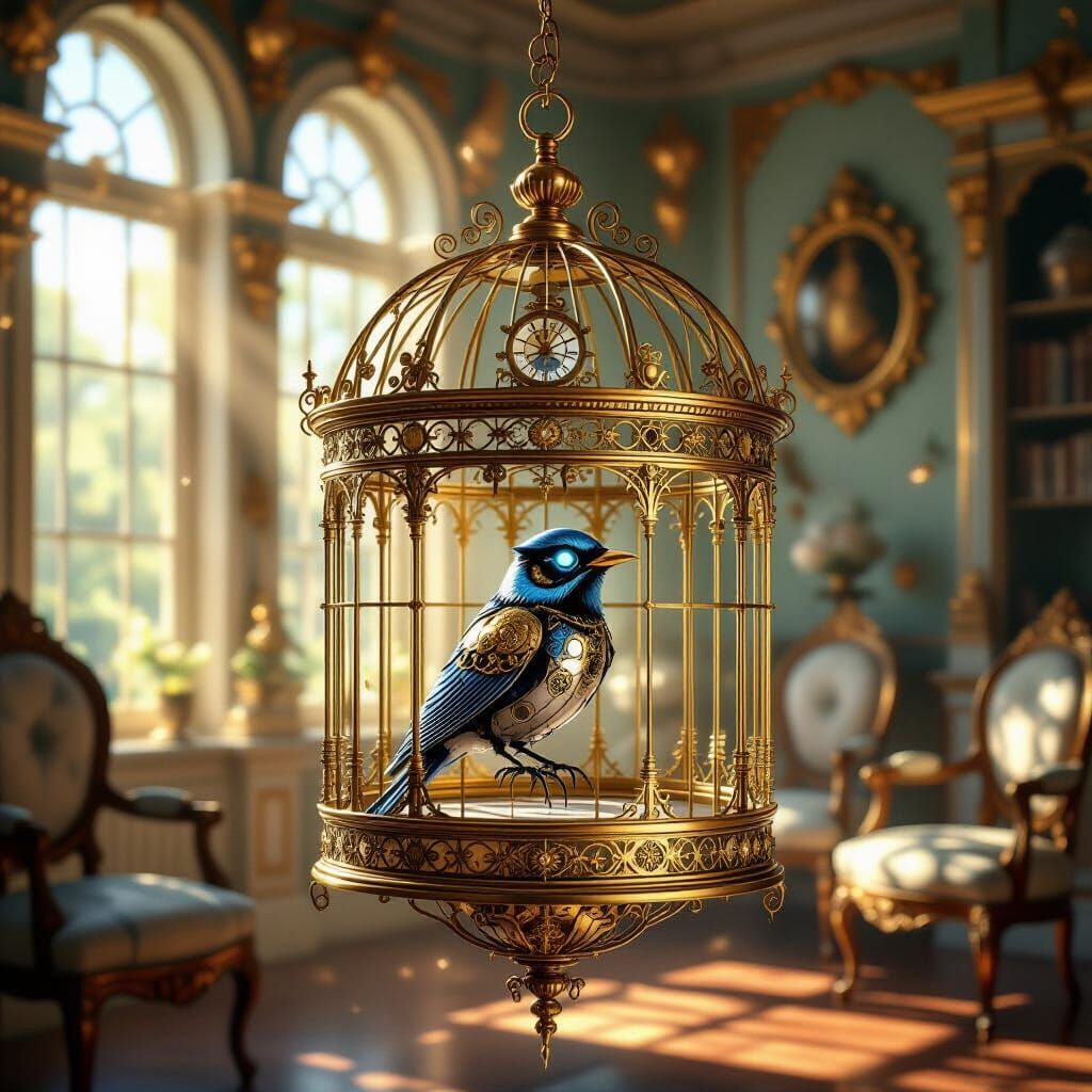 Ornate Gilded Birdcage in Opulent Victorian Parlor