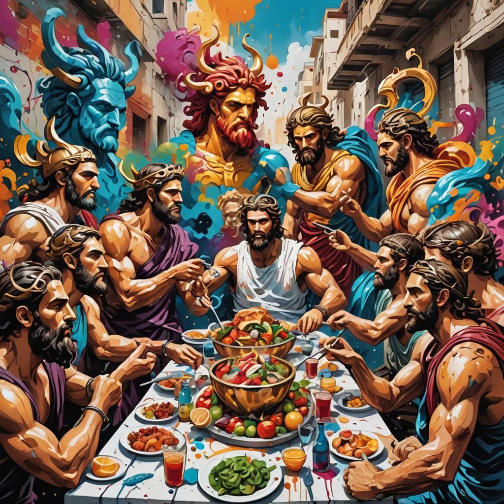 Greek Gods at Dinner: Vibrant Graffiti Art