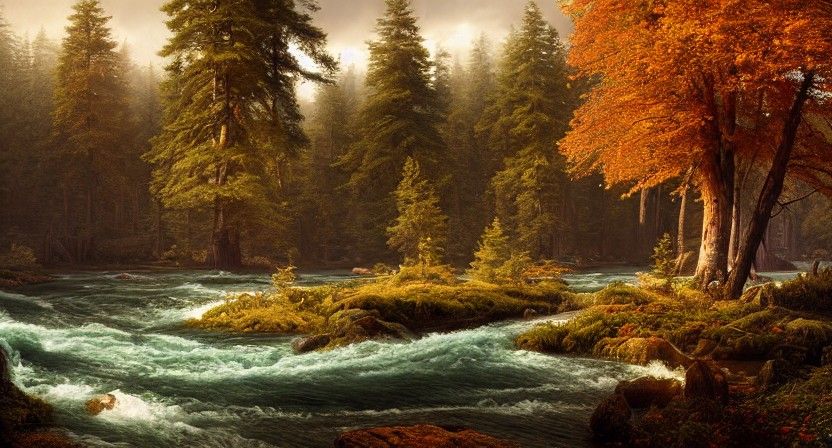 Pine Island in Autumn River Landscape